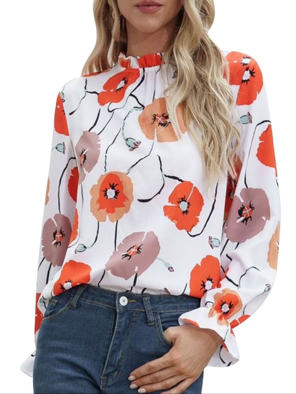 2/$20 XXL Long-Sleeve Floral White Blouse with Flowers Gathered Ruffles